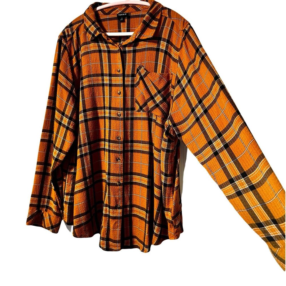 Torrid Womens Plaid Button Up Shirt Size 3X Yellow Lizzie Crinkle Gauzy